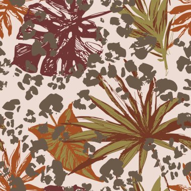 Soyut tropikal yapraklar, grunge leopar kamuflaj lekeleri arka plan. Moda desensiz palmiye yaprakları, doğal kahverengi renkte hayvan derisi izleri. Yüzey tasarımı için vektör sanatı, kumaş, duvar kağıdı