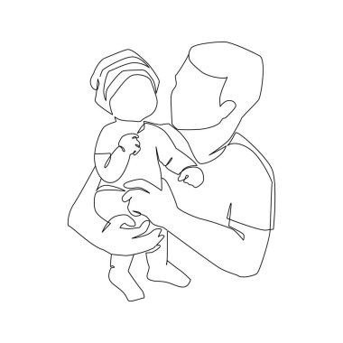 Küçük baba çizimi. Soyut aile sürekli çizgi sanatı. Genç baba oğluna sarılıyor. Baba oğul kaynaşması. Babalar Günü için el çizimi illüstrasyon, sevgi dolu aile, çocukluk kavramı.