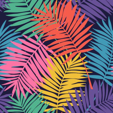 Renkli tropikal yapraklar kusursuz desenler çiziyor. Karanlık arka planda soyut palmiye yaprağı silueti. Mayolar, duvar kağıtları, tekstil tasarımları için yaratıcı tropik çizimler. Botanik vektör sanatı