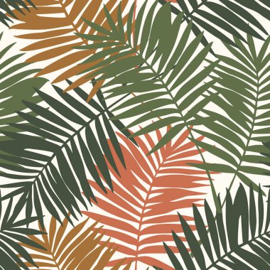Yeşil tropikal yapraklar kusursuz desenler çiziyor. Soyut palmiye yaprağı silueti arka planı. Mayolar, duvar kağıtları, tekstil tasarımları için yaratıcı tropik çizimler. Botanik vektör sanatı