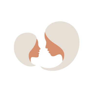 Anne, küçük çocuk silueti. Soyut aile. Anne ve kızının profilleri. Uluslararası Anneler Günü için el çizimi, sevgi dolu aile, ebeveynlik, çocukluk konsepti, logo, ikon