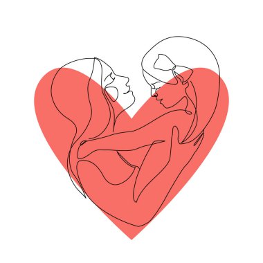 Anne, küçük çocuk çizimi. Soyut aile sürekli çizgi sanatı. Anne kızına sarılıyor. Uluslararası Anneler Günü için el çizimi, sevgi dolu aile, çocukluk konsepti.