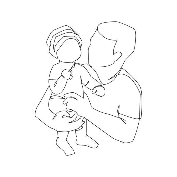 父の小さな子供の線画 抽象家系連続線画 若いお父さんは息子を抱きかかえた 父と息子の絆 父の日 愛する家族 親の子供時代のコンセプトのための手描きイラスト — ストックベクタ