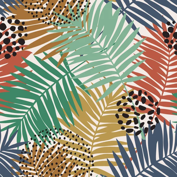 Tropical Leaves Doodles Seamless Pattern Abstract Palm Leaf Silhouette Minimal — Vetor de Stock