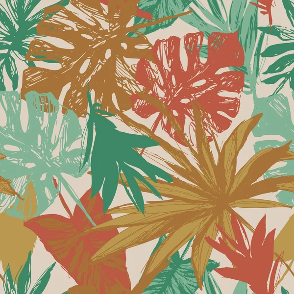 现代热带的叶子 粗犷的粗犷质感 形成了富有创意的无缝图案 美丽的抽象热带雨林的叶子背景 夏季设计 植物纤维 纺织品的矢量艺术图解 — 图库矢量图片