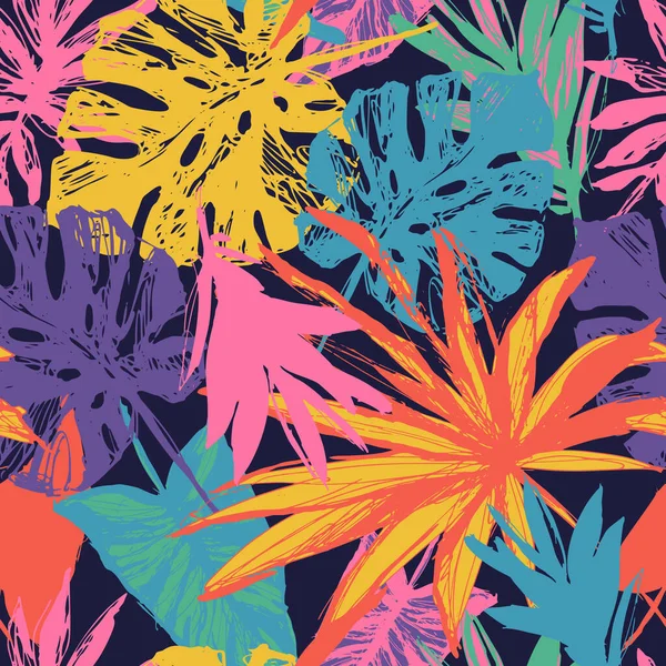 Modern Tropical Leaves Rough Grunge Textures Creative Seamless Pattern Beautiful — Stok Vektör