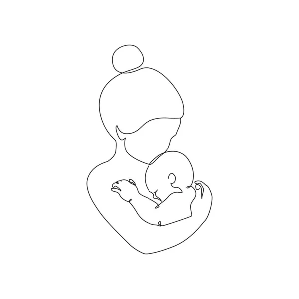 抽象家系連続線画 幼い母親は赤ん坊の連続線を抱いていた ハッピーインターナショナル母の日カード 愛する家族 親の子供時代のコンセプトのための手描きイラスト — ストックベクタ