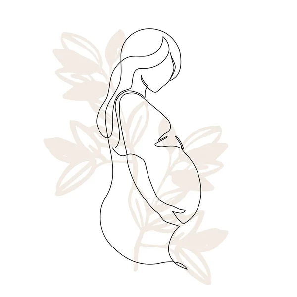 Abstrait Femme Enceinte Ligne Continue Dessin Sur Fond Floral Grossesse — Image vectorielle