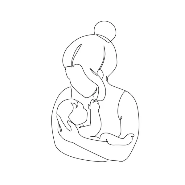 Soyut Aile Sürekli Çizgi Sanatı Genç Anne Sürekli Bebeğine Sarılıyor — Stok Vektör