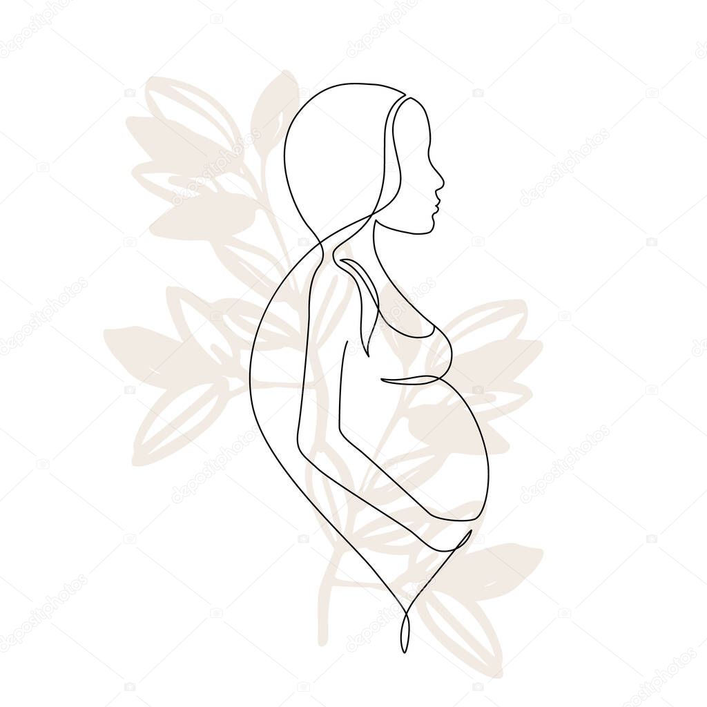 Abstract pregnant woman continuous line drawing on floral background. Pregnancy, motherhood modern concept art. Mom holding her pregnant belly Hand drawn illustration for Happy Woman's or Mother`s Day
