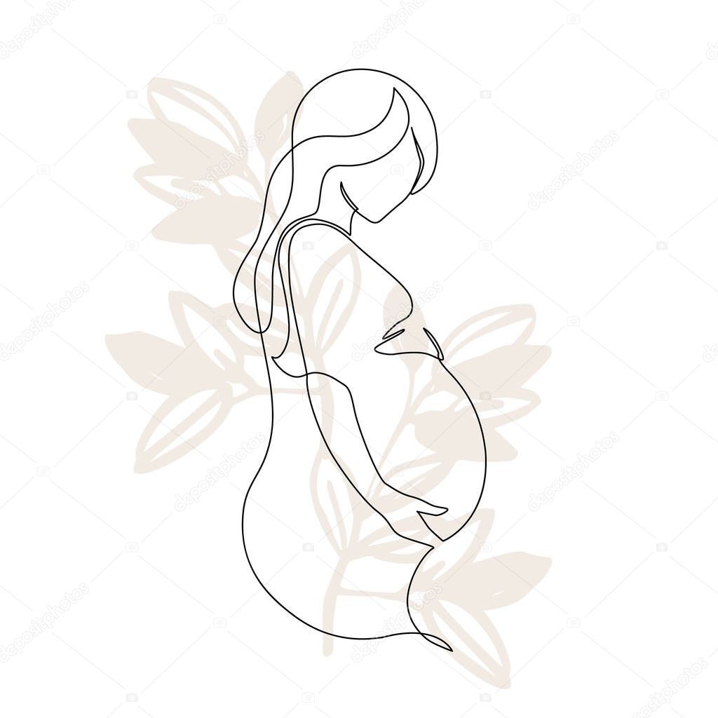 Abstract pregnant woman continuous line drawing on floral background. Pregnancy, motherhood modern concept art. Mom holding her pregnant belly Hand drawn illustration for Happy Woman's or Mother`s Day