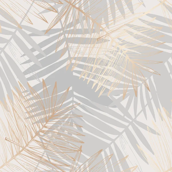 シームレスなパターンを描く黄金の熱帯の葉 概要ヤシの葉のラインアート 豪華な灰色の背景のシルエット テキスタイルデザインのための創造的な熱帯イラスト ベクトルアート — ストックベクタ