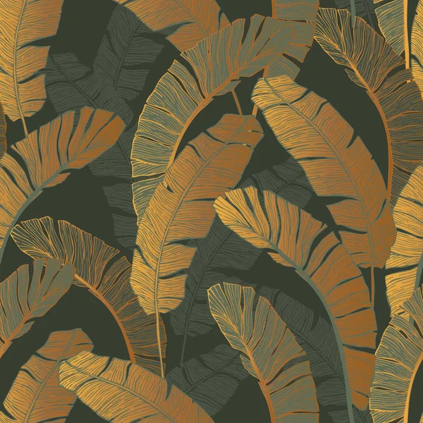 Nahtloses Muster Aus Goldgrünen Tropischen Blättern Abstrakte Bananenblatt Linienzeichnung Luxuriöse — Stockvektor