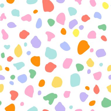 Funky bold geometric print in rainbow gradient colors. Colorful organic spots, dots, blobs, cut outs seamless pattern. Abstract terrazzo texture. Vector illustration for wrapping paper, fabric design