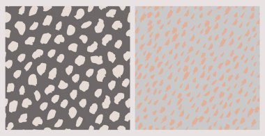 Hand drawn brush strokes seamless pattern set. Abstract hand painted dots, spots, dashes, lines background. Minimal art for wallpaper design, monochrome fabric, textile print. Vector confetti texture