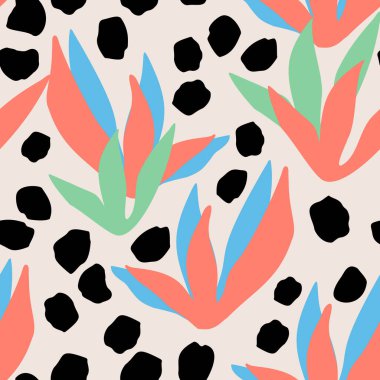 Elle çizilmiş fırça darbeleri, çiçekli kesikler, pürüzsüz desenler. Soyut el boyası noktalar, çizgiler, çizgi dokusu, çiçek şekilleri arka plan. Asgari duvar kağıdı tasarımı, kumaş, tekstil baskısı. Vektör sanatı