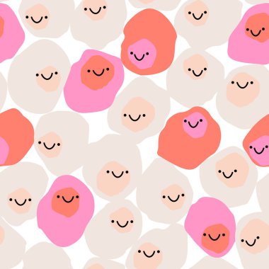 Cesur, çocuksu, kusursuz, gülümseme emojisi olan. Çizgi film tarzında sevimli renkli karakterler. Düz dizayn. Gülen yüzlü komik geometrik şekiller. Retro vintage renk paleti