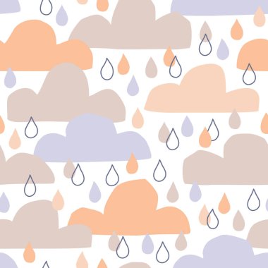 Eski İskandinav tarzında şirin bebek partisi kusursuz. Soyut bulutlar ve karalama yağmuru arka planda nötr bej renkler bırakır. Çocuksu kumaş, çocuk tekstili, duvar kağıdı için çocuk vektör sanatı