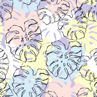 Canavar yaprağı dikişsiz desen. Tropikal yapraklı, grunge çizgisi olan soyut modern sanat çizimleri, renkli siluetler. Asgari parmak izi geçmişi. İskandinav tarzında trend vektör.