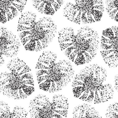 Monokrom grunge canavarın siluet bıraktığı tropik ve pürüzsüz bir desen. Orman yaprağı vektör sanatı. Monstera yarım ton sanat. Yaz tasarımı, mayo, tişört, kumaş, duvar kağıdı için egzotik arka plan