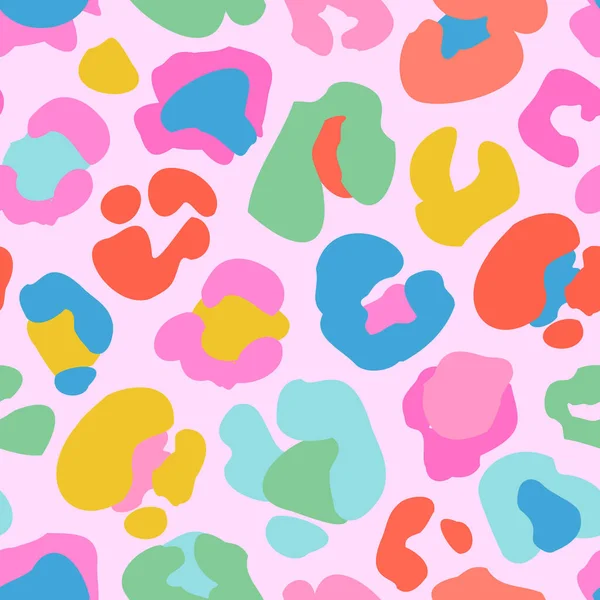 Animal skin print in rainbow colors, 90s style. Colorful leopard spot seamless pattern design. Abstract blob, rosettes texture. Bold summer vector illustration for surface wrapping, fun fabric design