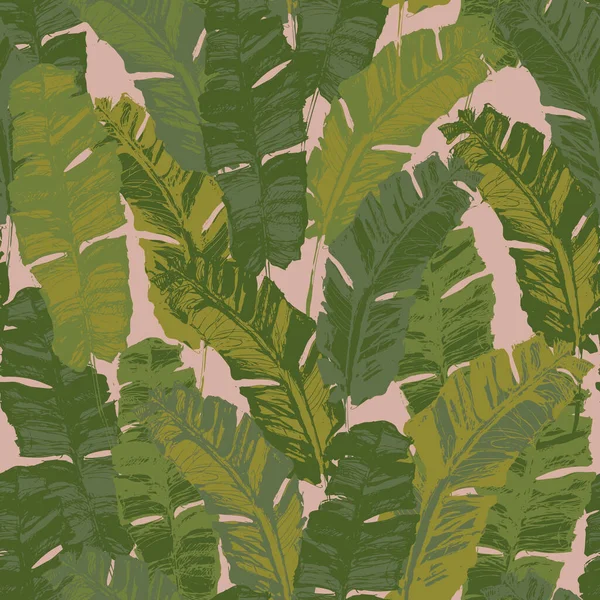 Green Grunge Tropical Banana Leaf Background Hand Drawn Exotic Seamless — Stok Vektör