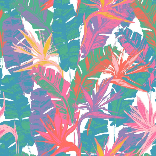 艳丽的热带花朵和树叶背景 手绘奇异无缝图案 天堂鸟花墙纸 夏季设计 泳衣面料 纺织品的矢量植物图解 — 图库矢量图片
