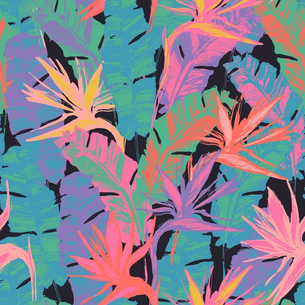 Fleurs Tropicales Grunge Lumineux Fond Feuilles Modèle Sans Couture Exotique — Image vectorielle