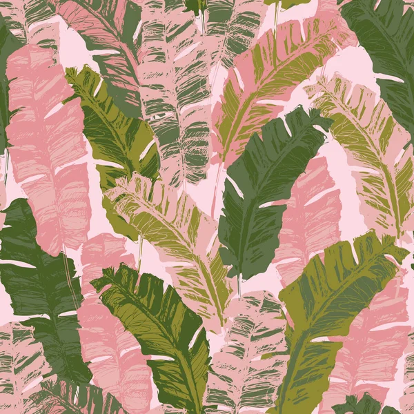 Bright Grunge Tropical Banana Leaf Background Hand Drawn Exotic Seamless — Vetor de Stock