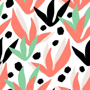 Elle çizilmiş fırça darbeleri, çiçekli kesikler, pürüzsüz desenler. Soyut el boyası noktalar, çizgiler, çizgi dokusu, çiçek şekilleri arka plan. Asgari duvar kağıdı tasarımı, kumaş, tekstil baskısı. Vektör sanatı