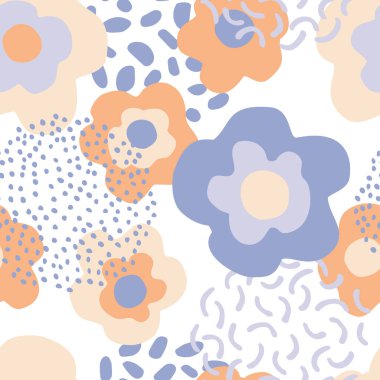 Çiçeksiz, soyut bir desen. El çizimi çiçekler arka plan. Büyük, çiçek açan papatya tasarımı ve en az karalama elementleri. Ambalaj, tekstil, kumaş, duvar kağıdı vs. için dekoratif sanat illüstrasyonu