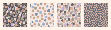 Irregular polka dots seamless pattern set in retro style. Hand drawn dots, blobs, spots, blots, circle texture background collection. Hand drawn vector illustration for kids fabric, textile, wallpaper