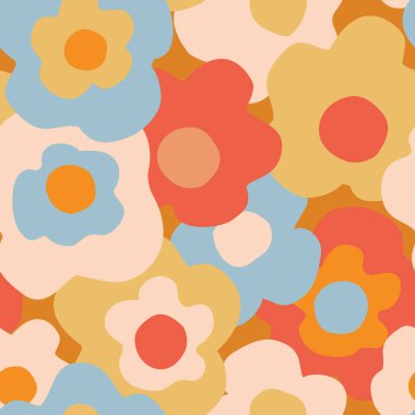 Çiçeksiz, soyut bir desen. El çizimi çiçekler arka planda geçmişe dönük renkler. Büyük, çiçek açan papatya çiçeği tasarımı. Ambalaj, tekstil, kumaş, duvar kağıdı vs. için dekoratif sanat illüstrasyonu