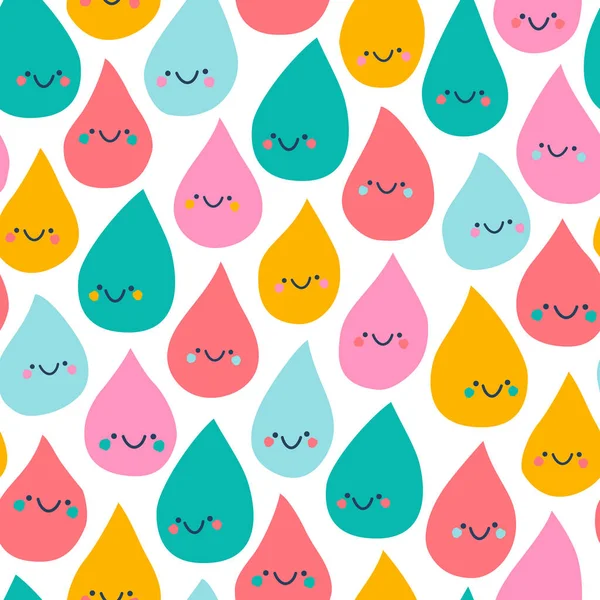 Bold Childish Seamless Pattern Smiley Rain Drops Cute Colorful Characters —  Vetores de Stock