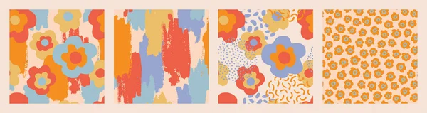 Abstract Florals Textures Seamless Pattern Set Hand Drawn Flowers Grunge — Vetor de Stock