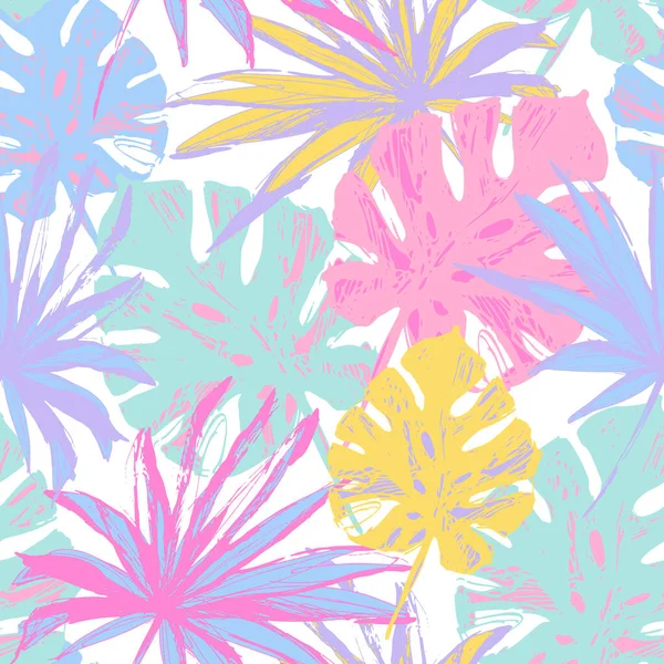 Hand Drawn Tropical Leaves Background Trendy Pastel Colors Colorful Palm —  Vetores de Stock