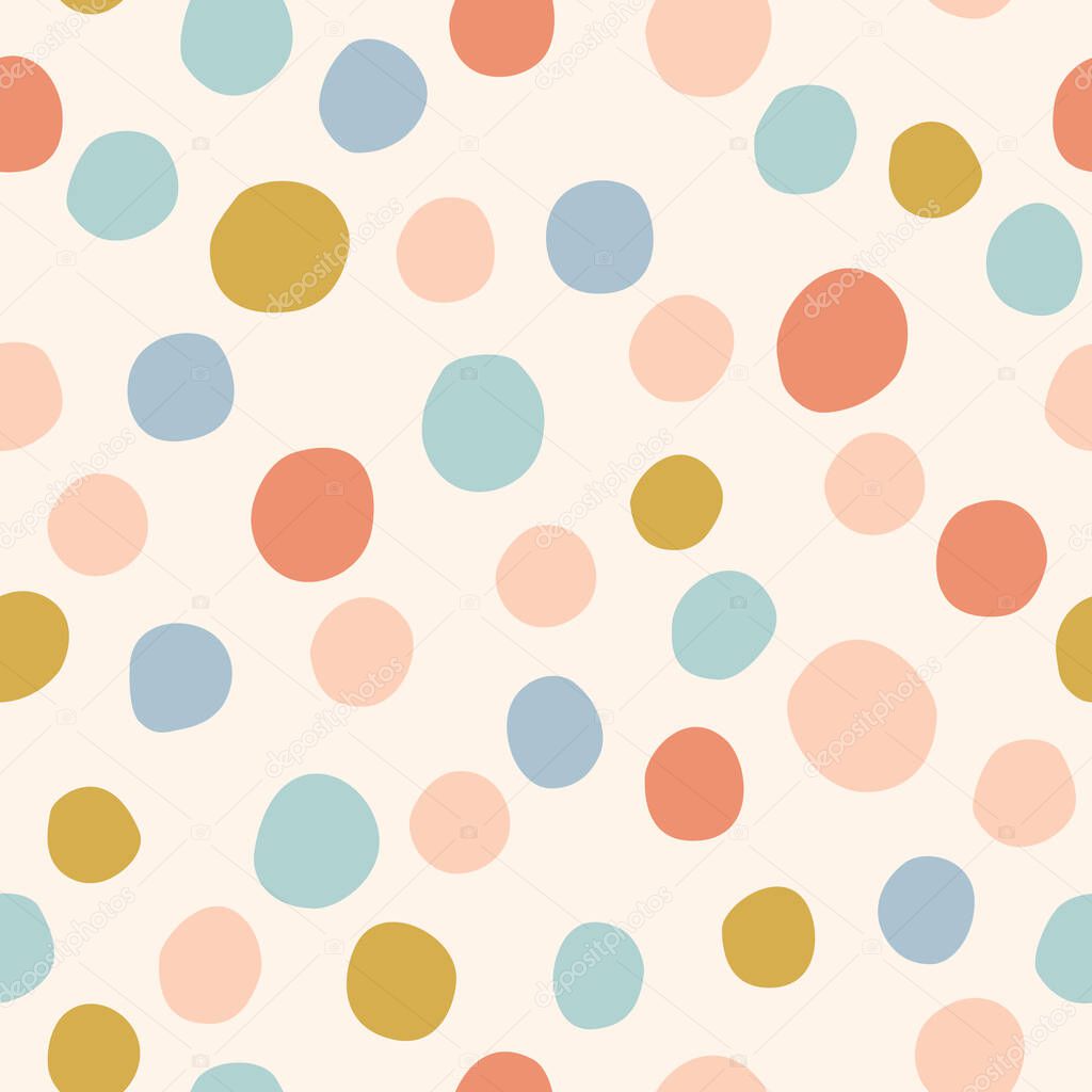 Irregular polka dots seamless pattern in retro style. Hand drawn dots, blobs, spots, blots, circle, brush strokes texture background. Hand drawn vector illustration for kids fabric, textile, wallpaper