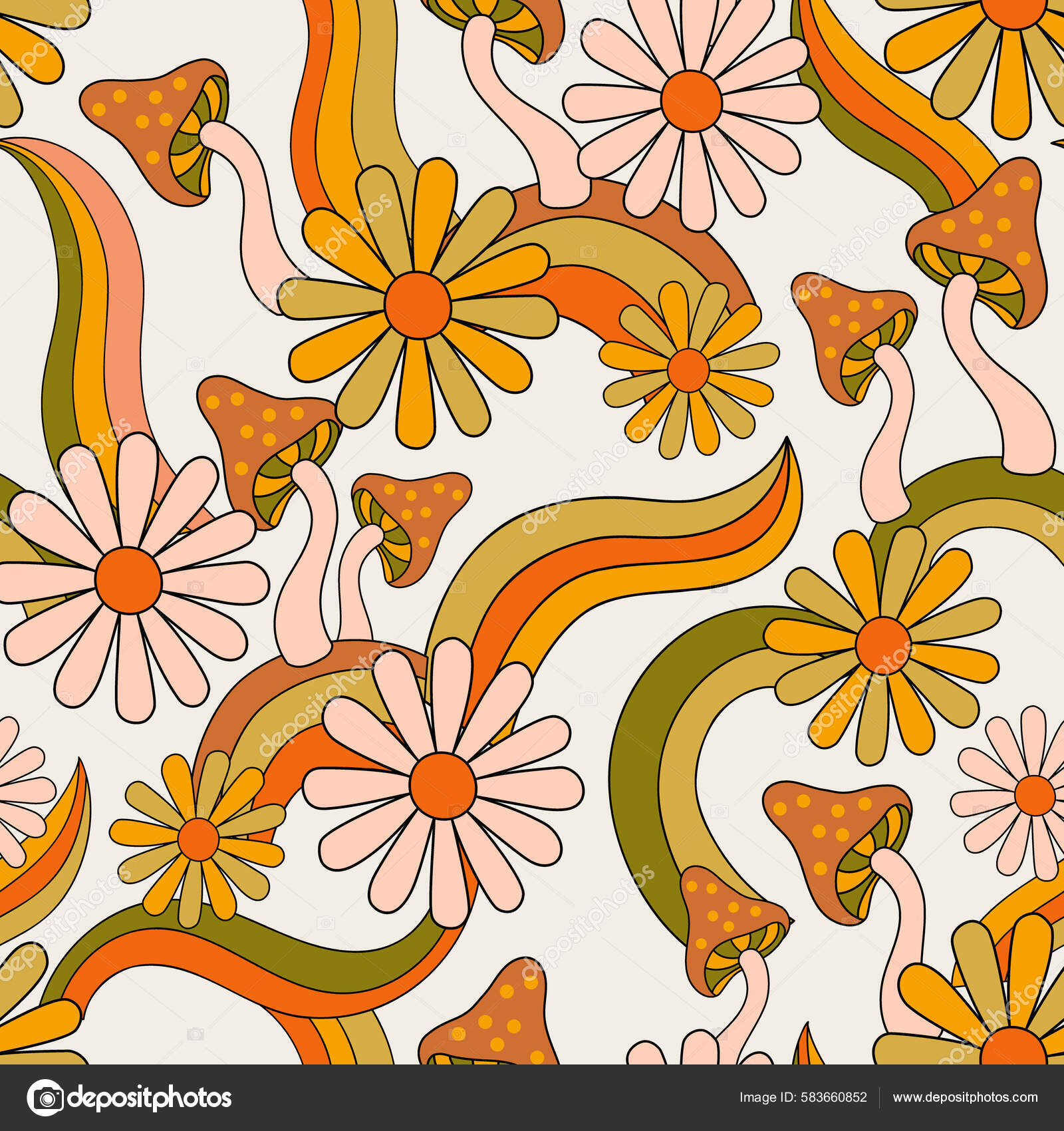 Hippie flowers boho seamless background. floral retro pattern