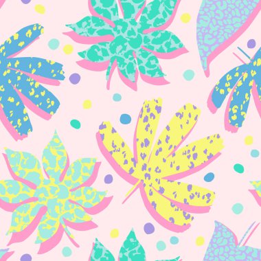 Tekrarlayan tropikal yaprakların soyut arka planı. Kalın çizgi film yaprakları ve hayvani desenler. Eski moda pop sanat kolajı tasarımı, duvar kağıdı, mayo için vektör yaz illüstrasyonu