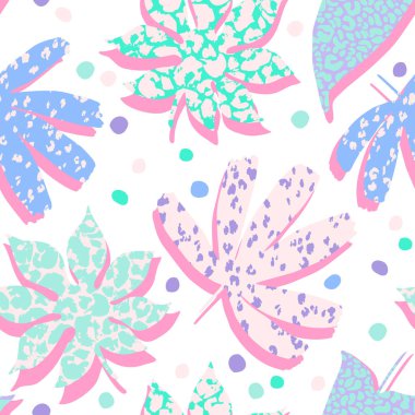 Tekrarlayan tropikal yaprakların soyut arka planı. Kalın çizgi film yaprakları ve hayvani desenler. Eski moda pop sanat kolajı tasarımı, duvar kağıdı, mayo için vektör yaz illüstrasyonu