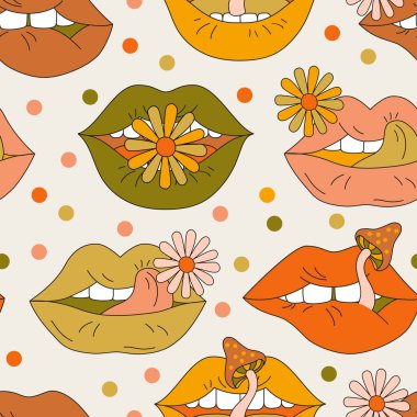 Çiçekli psikedelik arka plan dudakları, 70 'lerin modası geçmiş hippi tarzı mantarlar. Dişleriyle funky açık ağız, şehvetli dudaklar, noktasız benekli desen. Çağdaş tasarım için vektör illüstrasyonu