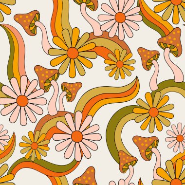 Psychedelic floral background in 70s 80s retro hippie style. Fun daisy camomile flowers, mushrooms, rainbows seamless pattern. Vector art illustration for contemporary design, groovy floral fabric