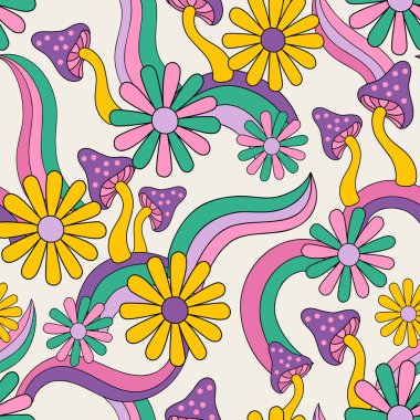 70 'lerin eski hippi tarzında psikedelik çiçek arkaplanı. Eğlenceli papatya çiçekleri, mantarlar, gökkuşağı desenleri. Çağdaş tasarım için vektör sanatı çizimi, harika çiçek kumaşı