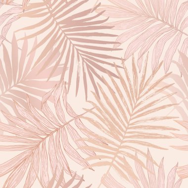 Luxurious botanical tropical leaf background in pastel blush pink color Exotic foliage seamless pattern with gradient effect. Hand drawn vector illustration for summer design, swimwear fabric, textile