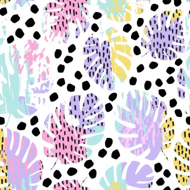 Doku, karalama, fırça darbeleri içeren soyut tropikal yapraklar. Elle boyanmış felç, noktalar, lekeler, çok az doku, dikişsiz bir yaprak deseni. Asgari baskı tasarımı. Vektör sanatı