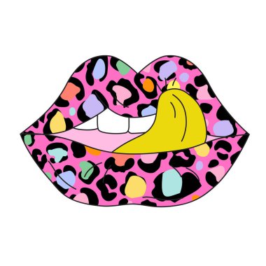 Leopard lips. Psychedelic leopard pattern lips in 90s 80s pop art style. Funky open mouth with teeth, sensual lips. Vector design for T-shirt, sticker print clipart