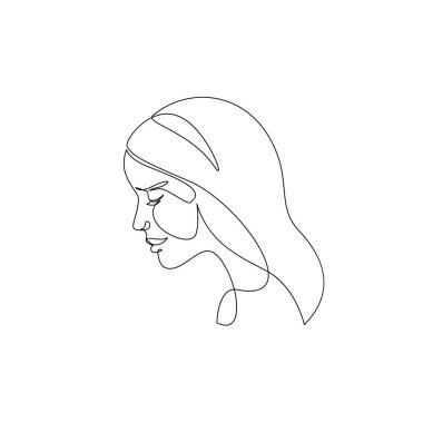 Soyut kadın yüzü bir çizgi çiziyor, kıvrımlı çizgiler. Moda tasarımı için kadın portresi, kozmetik, güzellik salonu logosu, minimal baskı, spa. Genç kızın asgari çizimi