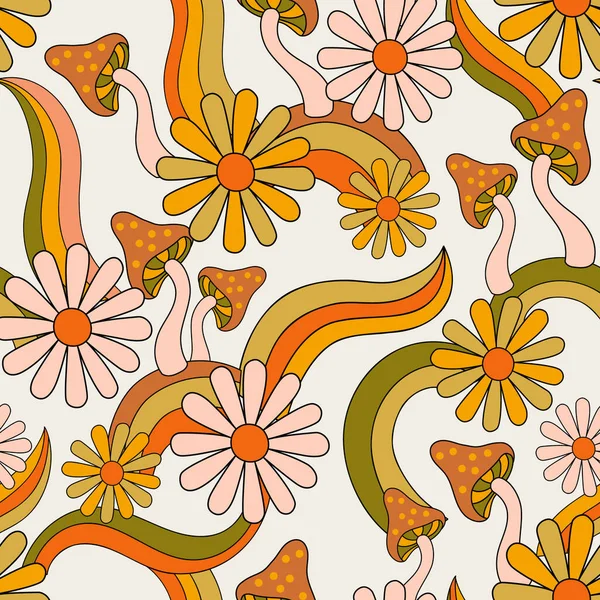Psychedelic Floral Background 70S 80S Retro Hippie Style Fun Daisy — Vettoriale Stock