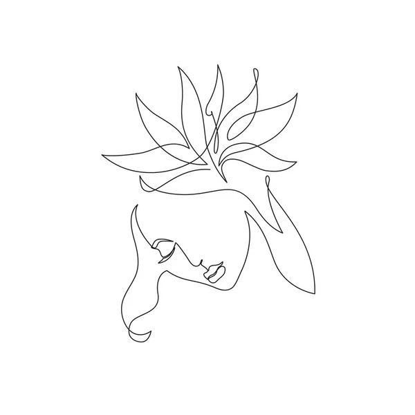 Elegant One Line Drawing Abstract Woman Face Tropical Flower Female — 스톡 벡터