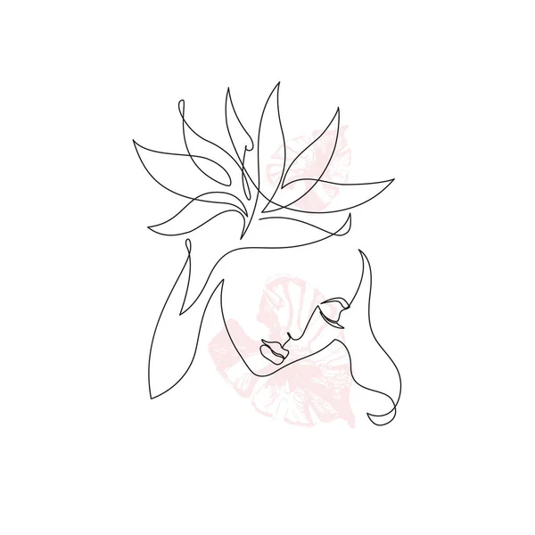 Elegant One Line Drawing Abstract Woman Face Tropical Flower Leaf — Stock vektor